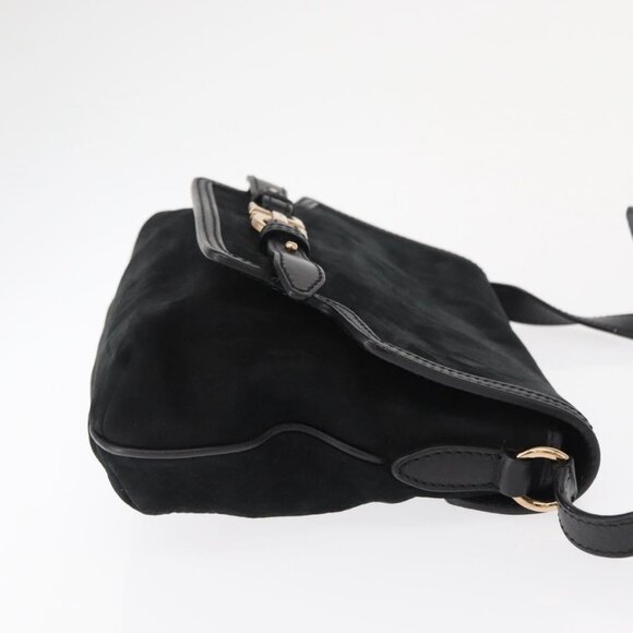 Authentic Salvatore Ferragamo Gancini Shoulder Bag Suede Leather Black Gold - Picture 11 of 16